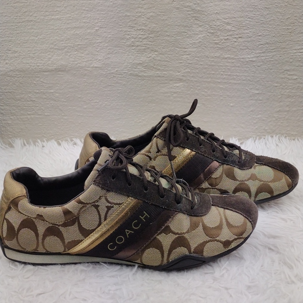 Coach Jayme Brown Suede Signature Canvas Metallic Detail Lace Up Sneaker - Picture 4 of 16